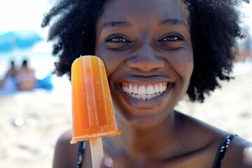 Smiling black young woman holding a popsicle at the beach