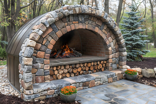Stone Oven With Logs Burning Inside