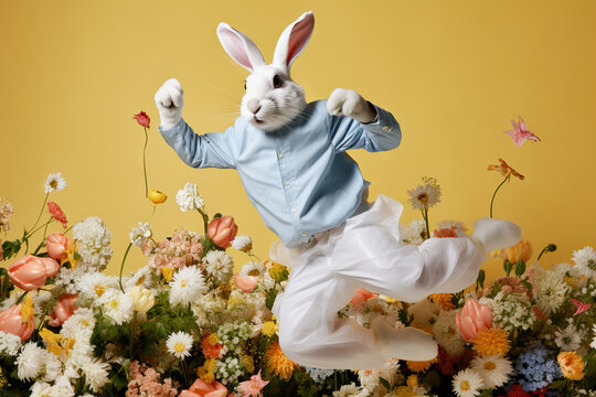Joyful Easter Bunny Dancing and jumping , Spring Flowers background