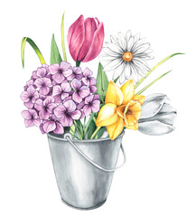 Watercolor bucket with flowers on a white background