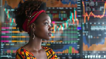 Confident young african businesswoman analyzing stock market data. finance professional at work. contemporary economic scene. focused investor. AI