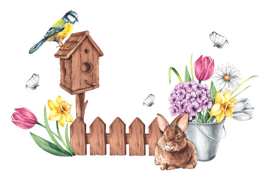 Watercolor spring composition with birdhouse, titmouse and rabbit in spring flowers