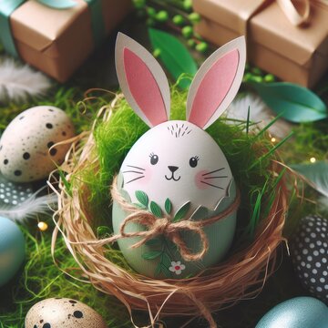 photo of Easter bunny paper gift egg wrapping in grass