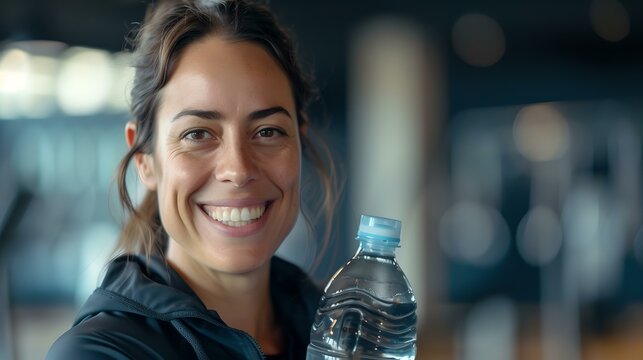 Active woman smiling after workout, holding water bottle. fitness lifestyle concept. gym background with natural light. stay hydrated message. AI