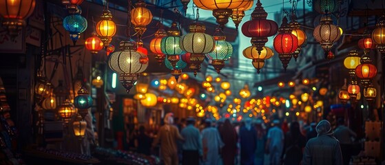 Obraz na płótnie Canvas Lanterns hanging in a marketplace, symbolizing the festive atmosphere of Eid Mubarak and the joyous end of Ramadan