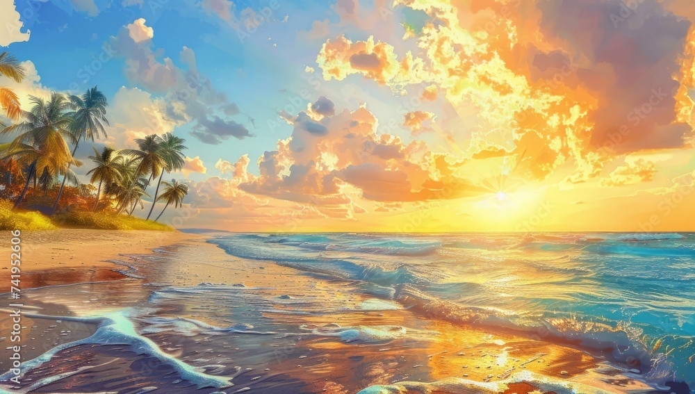 Poster a tropical beach with palm trees and sun setting on the ocean generative ai