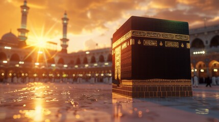 Kaaba in Mecca illuminated by the glow of the setting sun, symbolizing the spiritual center of Islam and the destination for millions of pilgrims during Hajj - obrazy, fototapety, plakaty