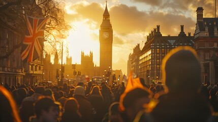 Sunset over london, silhouettes of people walking, iconic big ben in the background. city life captured in golden light. urban photography style. AI - obrazy, fototapety, plakaty