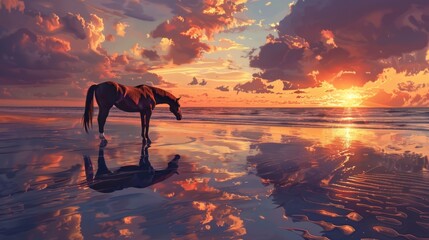beautiful horse with a sunset behind him generative ai