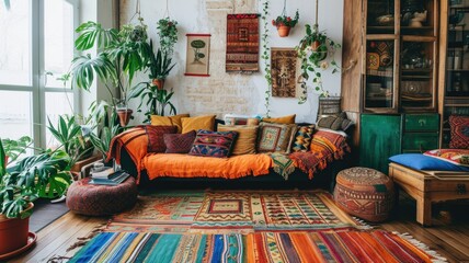Cozy Bohemian Living Room with Vibrant Textiles and Lush Indoor Plants,eclectic mix of patterns, textures, and vibrant colors in a boho-chic interior