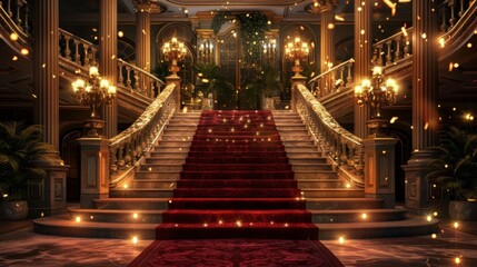 luxurious staircase with red carpet generative ai - obrazy, fototapety, plakaty