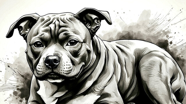 A sketch of an English Staffordshire bull terrier in black and white. AI generated illustration. - Powered by Adobe