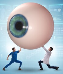 Doctor examining giant eye in medical concept