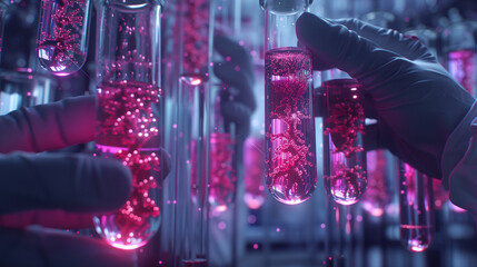 A scientist holds tubes with pharmaceutical research substances, like blood cells and a virus cure, using DNA genome sequencing, depicted as a holographic banner - obrazy, fototapety, plakaty