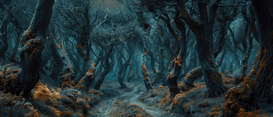 Dark scary woods, path in spooky fairy tale forest at night. Landscape with strange trees and mystic lighting. Concept of fantasy, enchanted nature, mystery, background