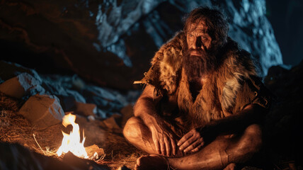 Caveman sits near fire in cave at night, bearded neanderthal man and bonfire on dark background, portrait of person in prehistoric era. Concept of ancient, Stone Age, evolution.
