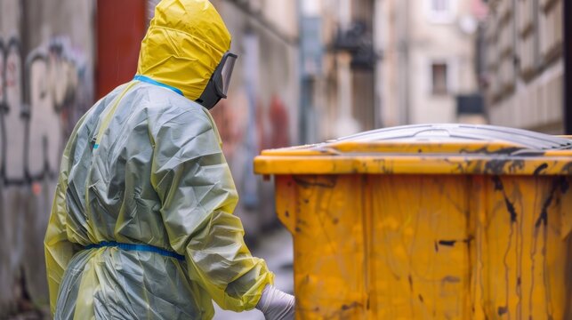 Man in protective suit and infectious waste disposal container generative ai