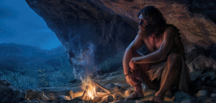 Caveman sits near fire in cave at night, neanderthal man and bonfire on dark background, portrait of person in prehistoric era. Concept of ancient, Stone Age, evolution