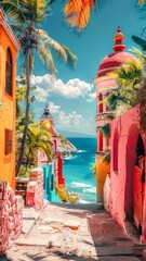 Alley Leading to Beach With Colorful Buildings and Palm Trees. Generative AI