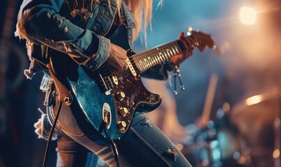 Fototapeta na wymiar A young stylish woman musician in a jeans handle guitar performing on a big club stage