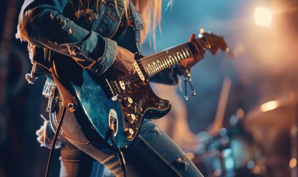 A young stylish woman musician in a jeans handle guitar performing on a big club stage