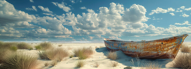 Barco oxidado abandonado en un desierto arenoso bajo un cielo nublado - obrazy, fototapety, plakaty