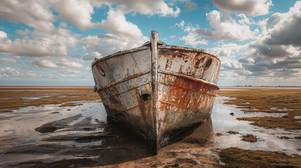 Barco oxidado abandonado en un desierto arenoso bajo un cielo nublado - obrazy, fototapety, plakaty