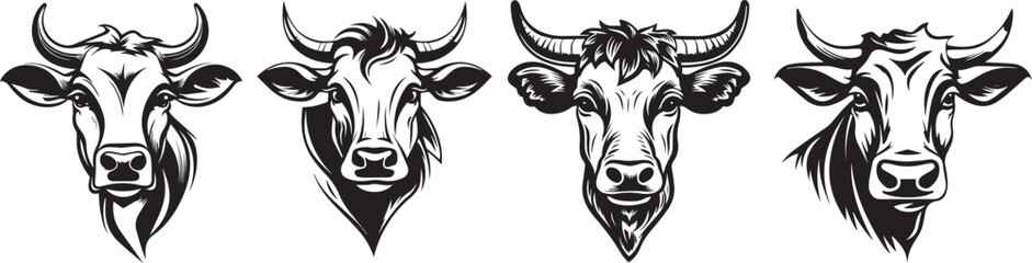 cow heads, black and white vectors