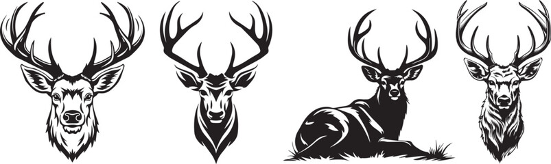deer head and whole body of lying deer with big antlers, black and white vector silhouette
