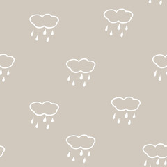 Simple children's beige pattern with clouds. Cheerful hand drawn cloud. Seamless pattern with rain. Futuristic blue clouds. Background for poster, cover booklet, banner, surface design.