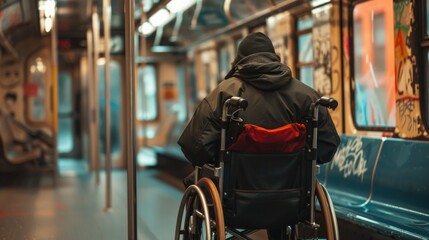Obraz premium A stylishly dressed individual in a wheelchair navigates the bustling city streets, finding solace and freedom on a crowded subway train