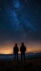 Couple stargazing into the Milky Way galaxy on a tranquil night. Silhouetted pair enjoying a romantic night under a starry sky landscape.