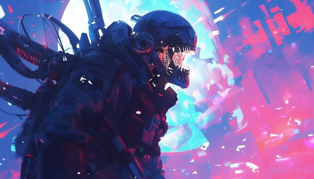 Futuristic Warrior in a Dynamic Digital Battle, subtle tilt animation, seamless looping