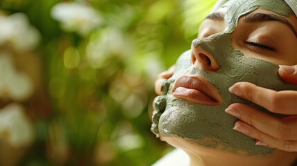 A woman embraces the beauty of nature while rejuvenating her skin with a refreshing green facial mask