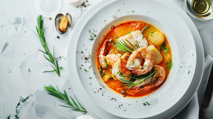 Bouillabaisse provençale, exemple de soupe de poissons typique du sud de la France, gastronomie française aux fruits de mer - obrazy, fototapety, plakaty
