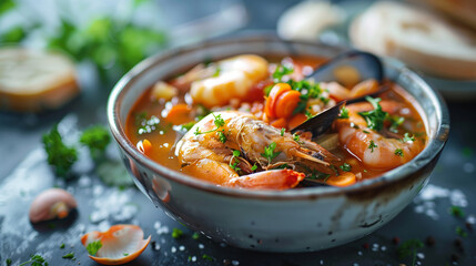 Bouillabaisse provençale, exemple de soupe de poissons typique du sud de la France, gastronomie...