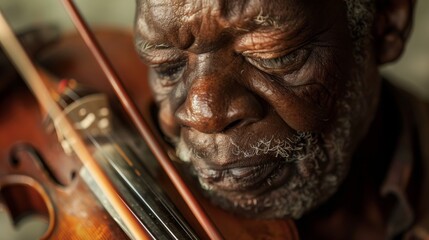 Melodic notes flow from the bowed instrument as the man's focused expression brings the violin...