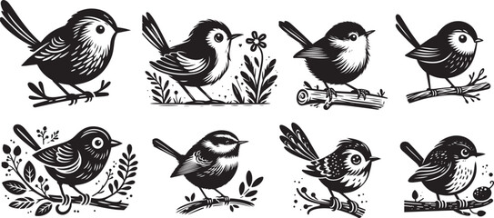 small funny birds, decorative black and white graphics