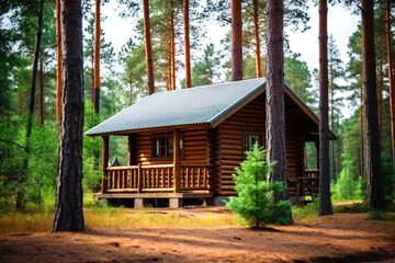 Fototapeta na wymiar Small wooden house or cabin in a pine forest for recreation, camping in the forest, barbecue in nature