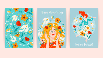 Set of cards with women, flowers and birds. Vector design concept for International Women s Day and other