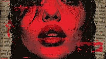 Retro, pop art, vintage concept. Illustration of sexy and seductive woman lips in red on black background. Grunge style.