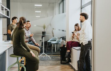 Colleagues collaborating in a corporate office, discussing business growth, market expansion, and...