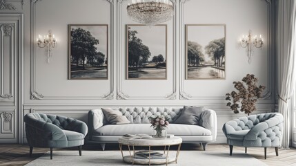 3d rendering of a living room in a parisian style. - obrazy, fototapety, plakaty