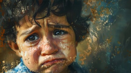 Crying child with distressed face expressing discomfort and drowsiness. generative ai