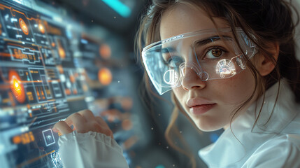 Girl assistant in safety glasses in a modern laboratory