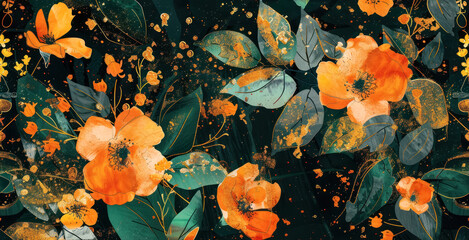 abstract floral design with orange flowers and golden speckles on a dark background
