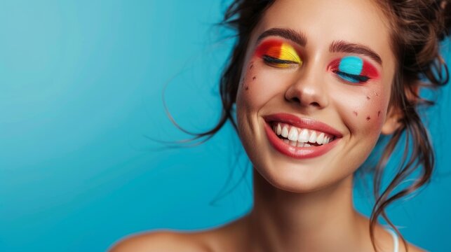 Woman expressing joy with extravagant makeup generative ai