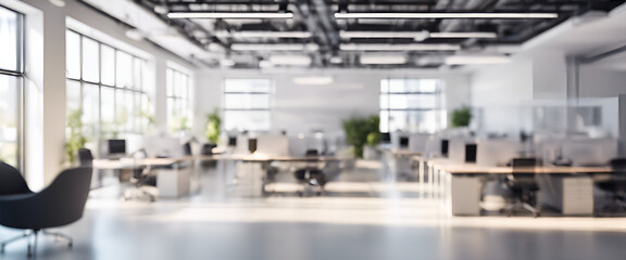 Modern Workplace Dynamics: Abstract Blurred Open Space Office with Contemporary Design, Fostering Collaboration and Creativity - Blurred Empty Open Space Office - Abstract Light Background