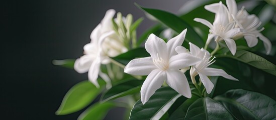 A close-up view of delicate white stellate flowers blooming on a stunning magnolia plant. The intricate details of the blossoms are visible, showcasing their beauty. - obrazy, fototapety, plakaty