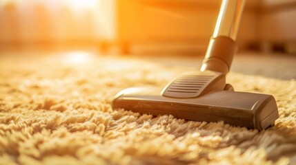Caucasian female cleaner vacuuming rug in living room for disinfection in modern apartment.